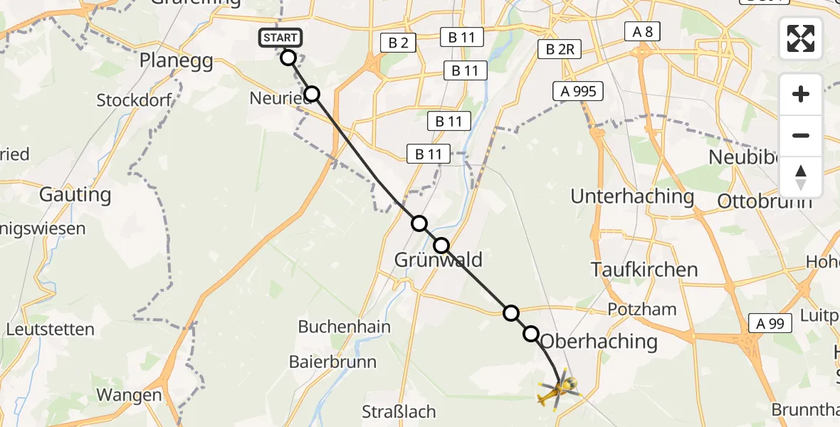 Flugroute Rettungshubschrauber DRF Air Rescue München Hubschrauberlandeplatz - Oberhaching, 24 Mai 2026, 10:13