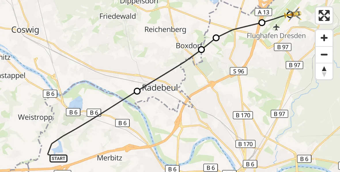 Flugroute Rettungshubschrauber Dresden - Dresden Bundespolizei Hubschrauberlandeplatz, 24 Mai 2026, 10:15