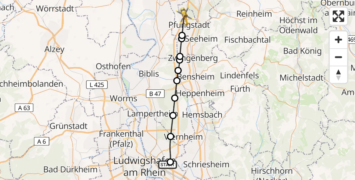 Flugroute Rettungshubschrauber Mannheim-City Flughafen - Pfungstadt, 24 Mai 2026, 10:17
