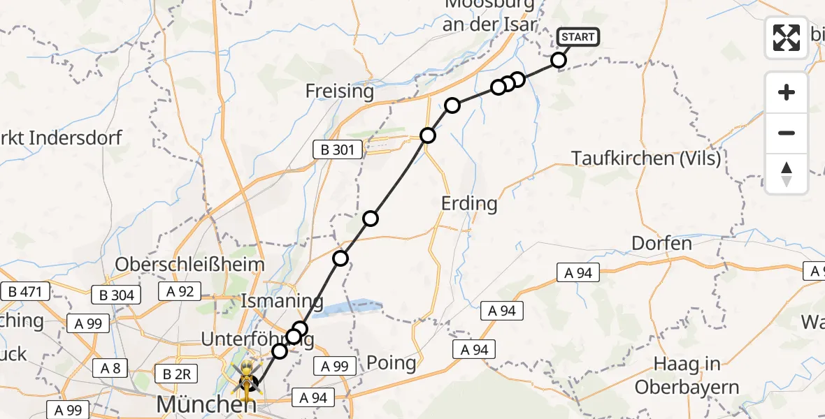 Flugroute Rettungshubschrauber Buch a.Erlbach - München Bogenhausen Hospital, 24 Mai 2026, 10:20