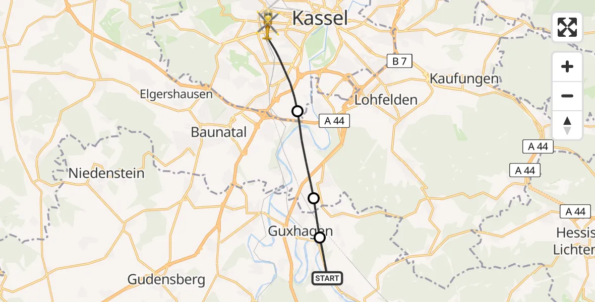Flugroute Rettungshubschrauber Körle - Kassel, 24 Mai 2026, 10:22