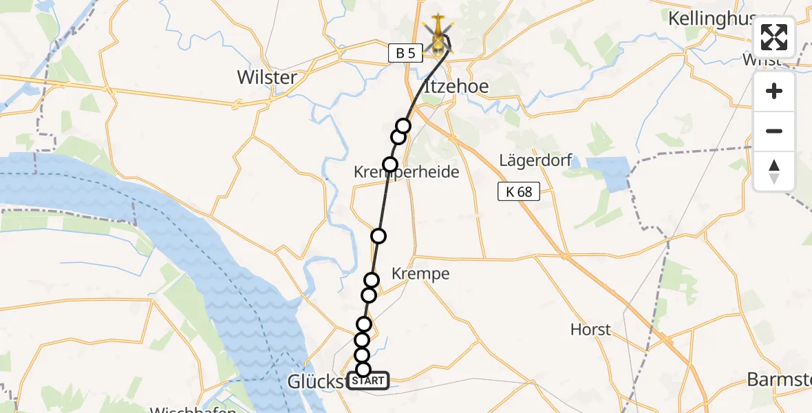 Flugroute Rettungshubschrauber Engelbrechtsche Wildnis - Itzehoe, 24 Mai 2026, 10:24