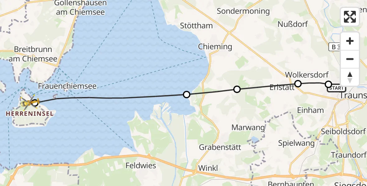 Flugroute Rettungshubschrauber Traunstein Hospital - Chiemsee, 24 Mai 2026, 10:25