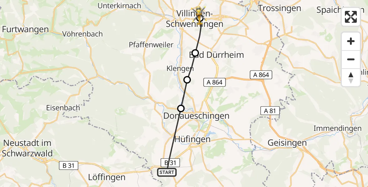 Flugroute Ambulanzhubschrauber Bräunlingen - DRF Air Rescue Station Villingen-Schwenningen Hubschrauberlandeplatz (Christoph 11), 24 Mai 2026, 10:26