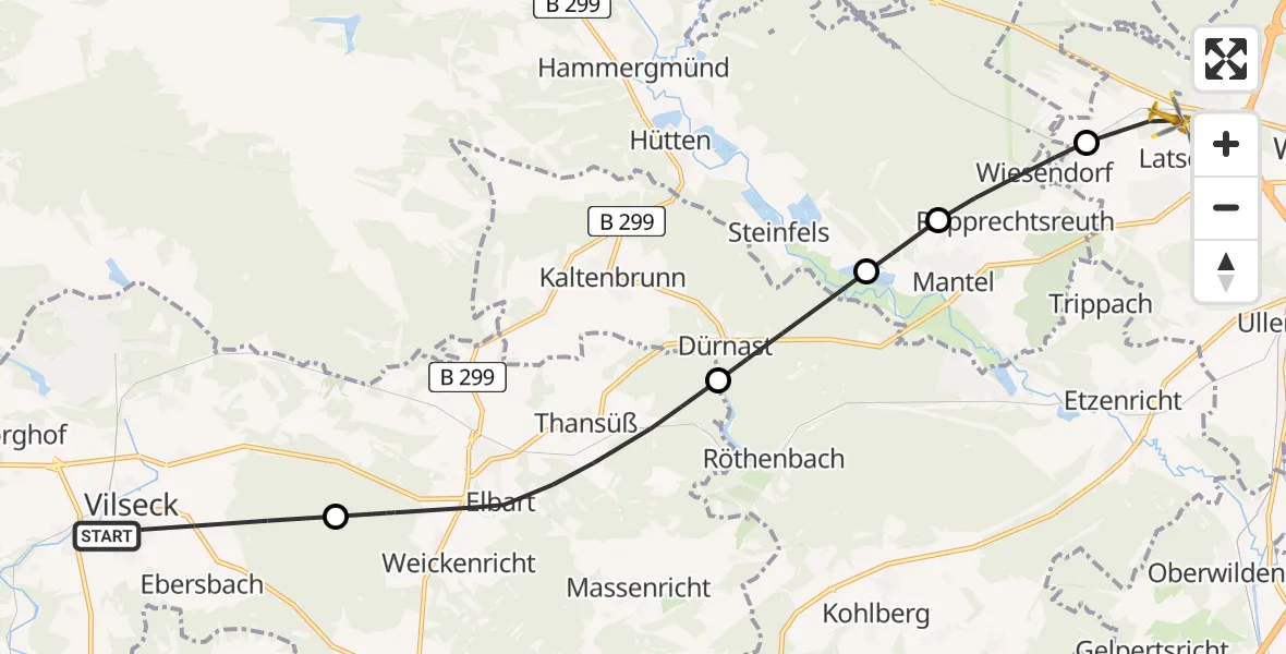 Flugroute Rettungshubschrauber Vilseck - Weiden i.d.OPf., 24 Mai 2026, 10:26
