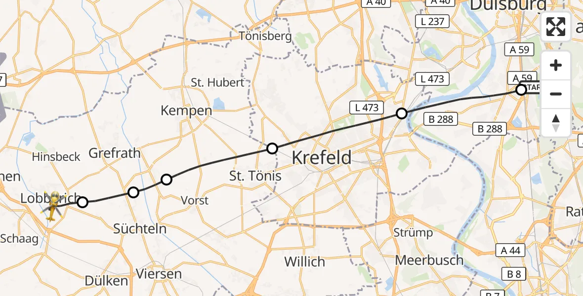 Flugroute Rettungshubschrauber Duisburg Air Rescue Hubschrauberlandeplatz (Christoph 9) - Nettetal, 24 Mai 2026, 10:47