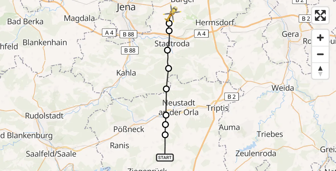 Flugroute Rettungshubschrauber Neustadt an der Orla - Schöngleina, 24 Mai 2026, 10:48