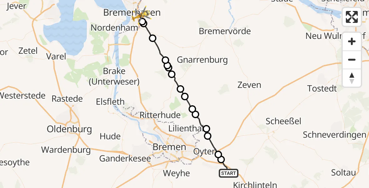 Flugroute Rettungshubschrauber Langwedel - Bremerhaven, 24 Mai 2026, 10:49