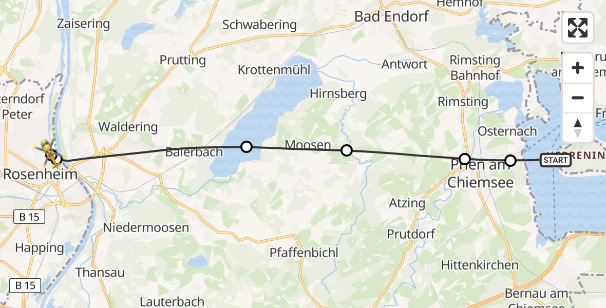 Flugroute Rettungshubschrauber Chiemsee (See) - RoMed Hospital Rosenheim, 24 Mai 2026, 10:52