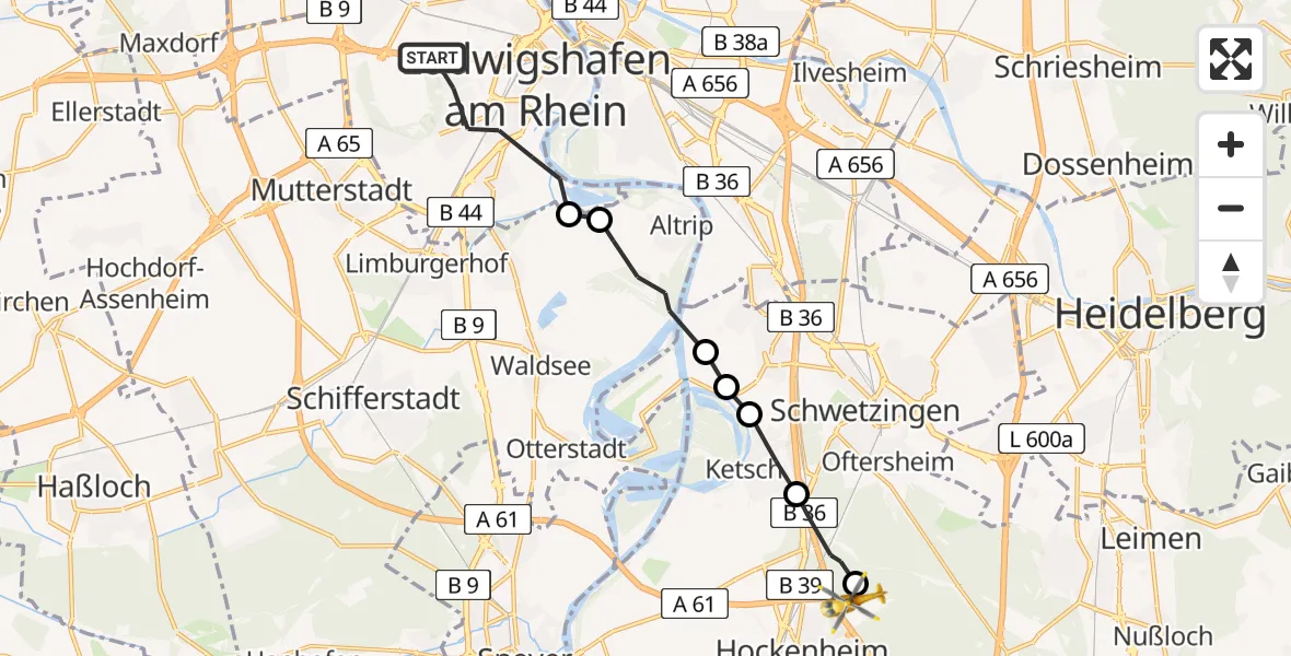Flugroute Rettungshubschrauber Ludwigshafen am Rhein - Hockenheim, 24 Mai 2026, 10:54