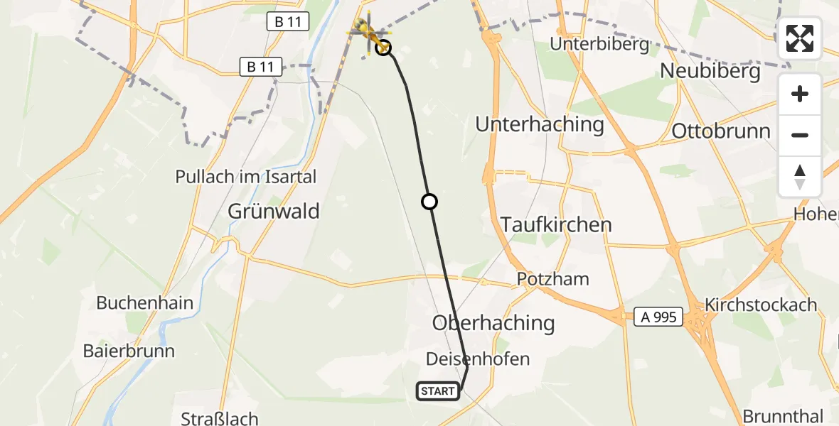 Flugroute Rettungshubschrauber Oberhaching - ADAC Air Rescue Center Hubschrauberlandeplatz (Christoph 1), 24 Mai 2026, 10:55