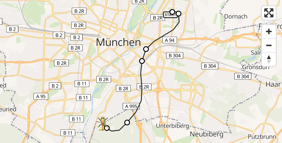 Flugroute Rettungshubschrauber München Bogenhausen Hospital - ADAC Air Rescue Center Hubschrauberlandeplatz (Christoph 1), 24 Mai 2026, 10:57