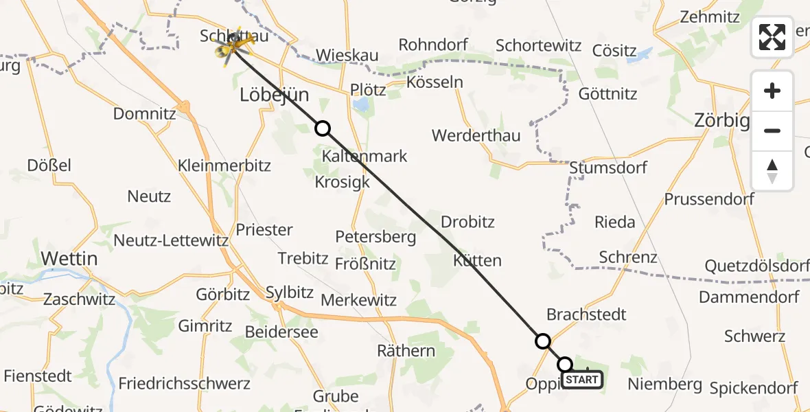 Flugroute Rettungshubschrauber Halle-Oppin Flugplatz - Wettin-Löbejün, 24 Mai 2026, 10:58
