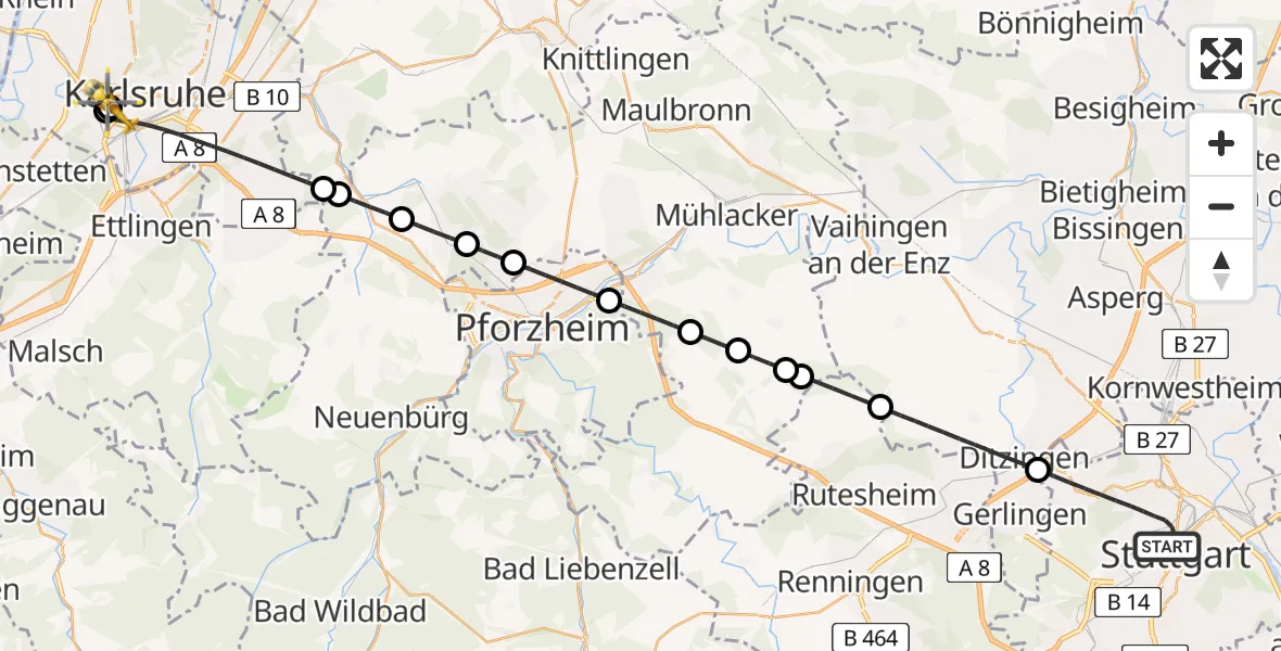 Flugroute Rettungshubschrauber Stuttgart - Sankt Vincentius Hospital, 24 Mai 2026, 10:59