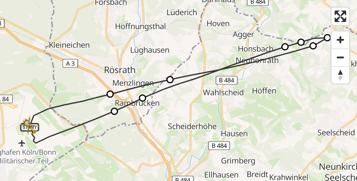 Flugroute Rettungshubschrauber Köln Bonn Flughafen - Köln Bonn Flughafen, 24 Mai 2026, 11:03