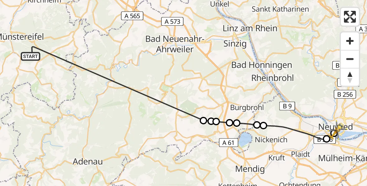 Flugroute Ambulanzhubschrauber Bad Münstereifel - Neuwied, 24 Mai 2026, 11:14