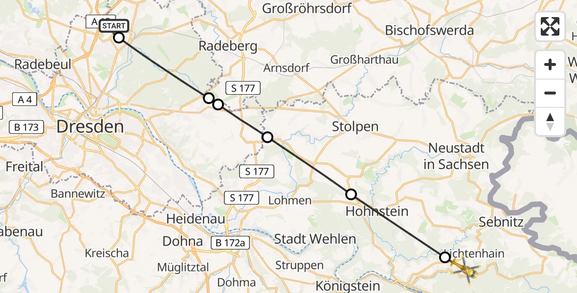 Flugroute Rettungshubschrauber Dresden Flughafen - Sebnitz, 24 Mai 2026, 11:14