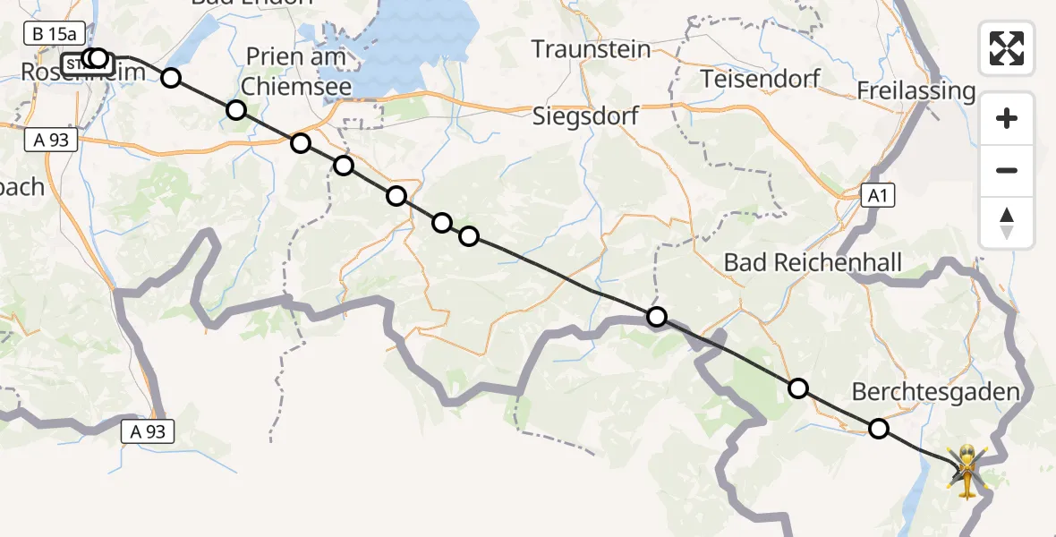 Flugroute Rettungshubschrauber RoMed Hospital Rosenheim - Schönau a.Königssee, 24 Mai 2026, 11:15