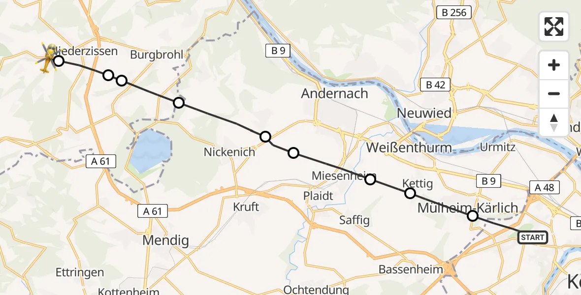 Flugroute Rettungshubschrauber Koblenz - Oberzissen, 24 Mai 2026, 11:17