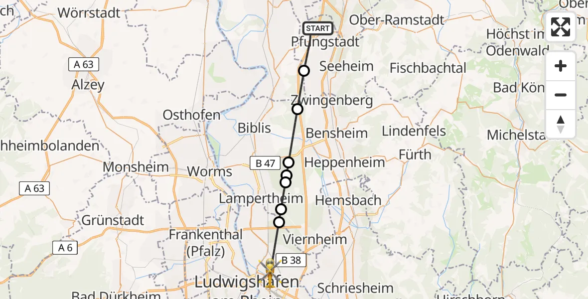 Flugroute Rettungshubschrauber Pfungstadt - Mannheim, 24 Mai 2026, 11:19