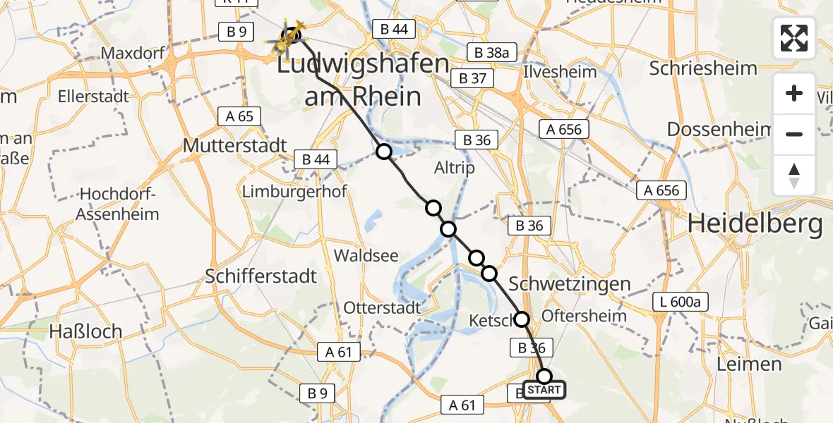 Flugroute Rettungshubschrauber Hockenheim - Ludwigshafen Accident Hospital, 24 Mai 2026, 11:21