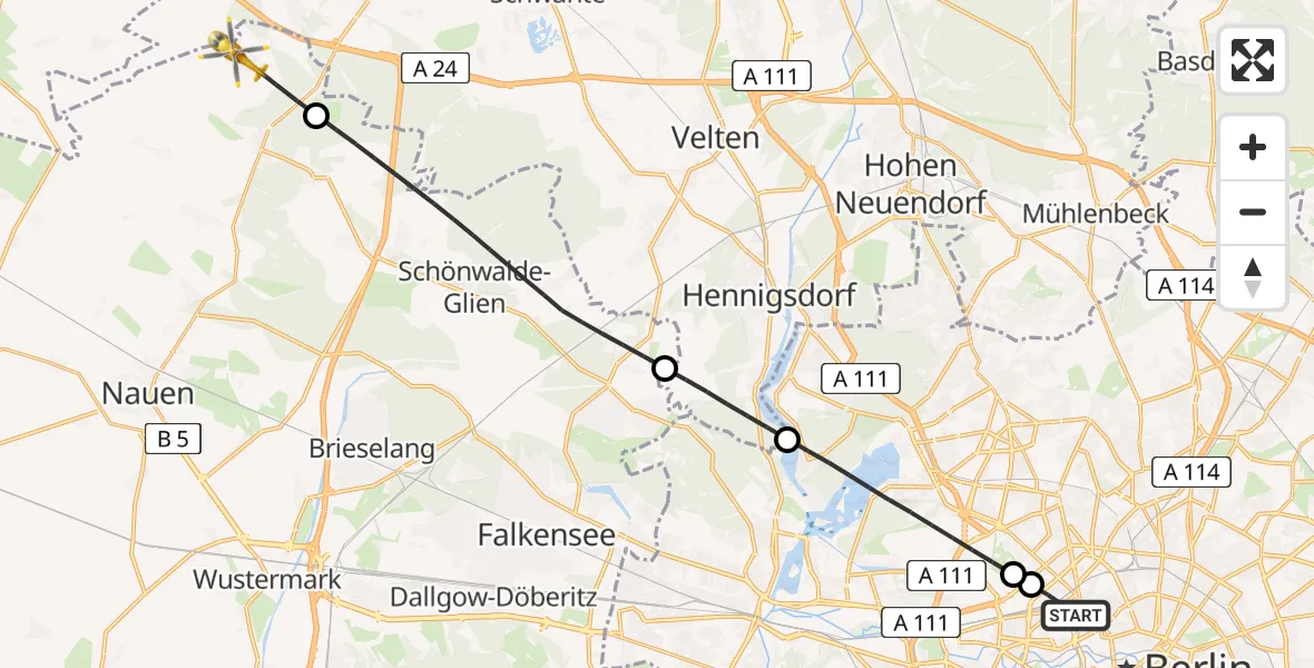 Flugroute Rettungshubschrauber Berlin - Nauen, 24 Mai 2026, 11:25