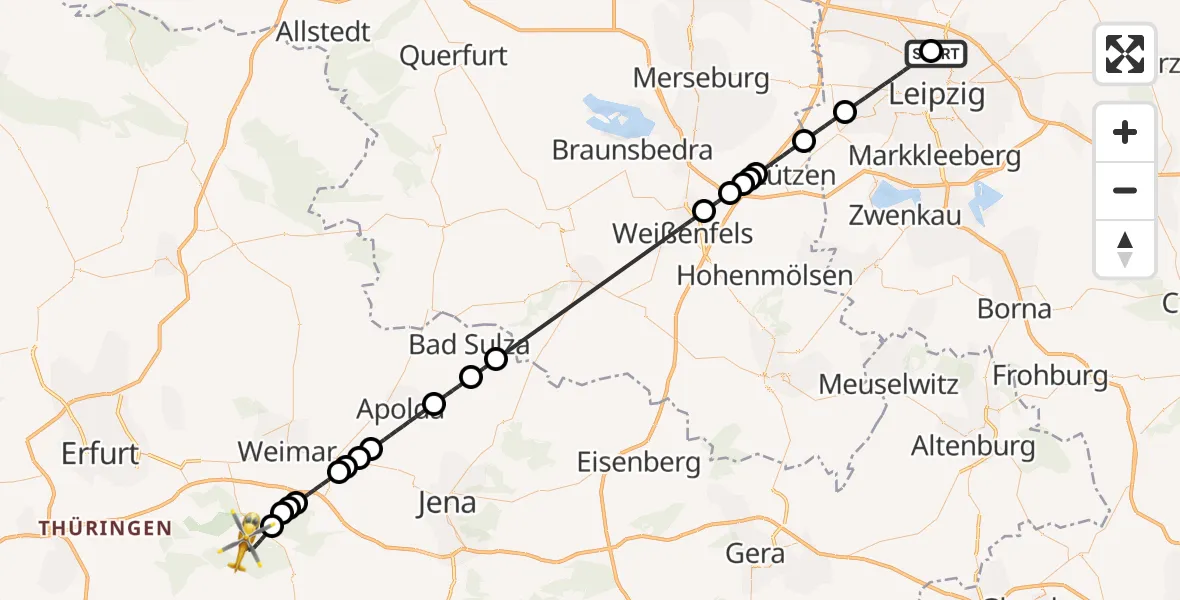 Flugroute Ambulanzhubschrauber Sankt Georg Hospital Leipzig Reserve - DRF Rettungsstation Bad Berka Hubschrauberlandeplatz, 24 Mai 2026, 11:28