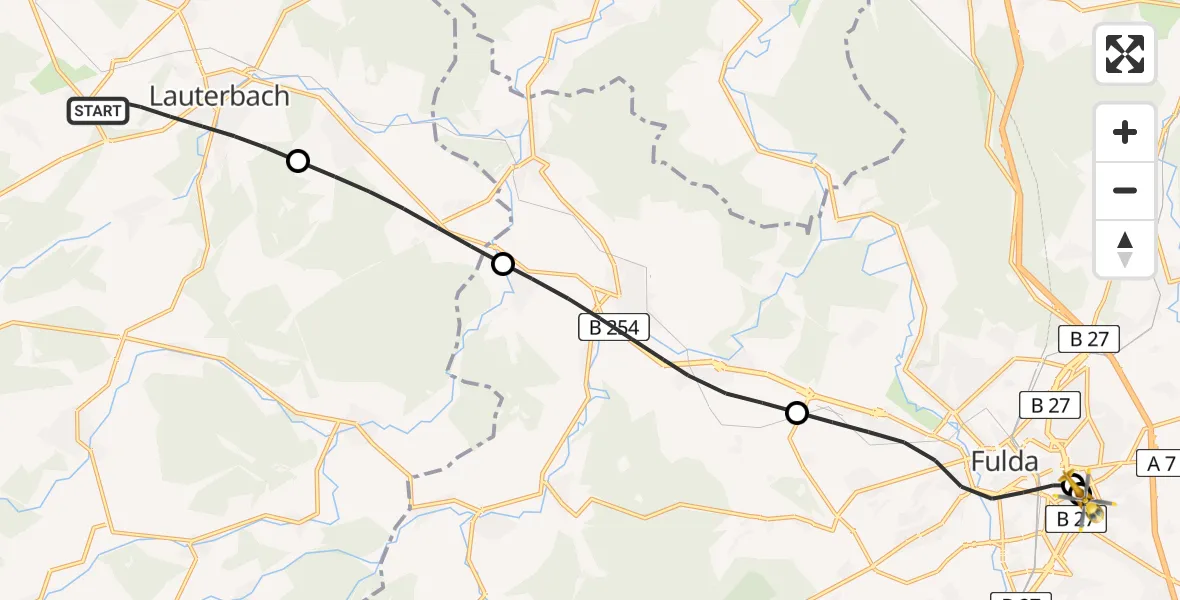Flugroute Rettungshubschrauber Lauterbach (Hessen) - Fulda Hospital, 24 Mai 2026, 11:30