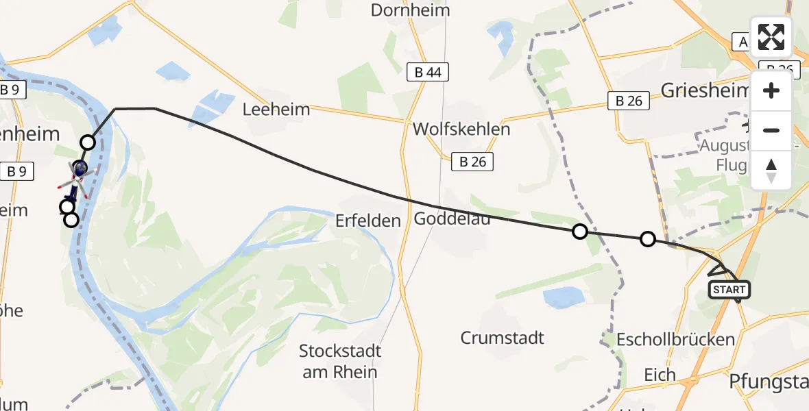Flugroute Polizeihubschrauber Pfungstadt - Oppenheim Flugplatz, 24 Mai 2026, 11:35