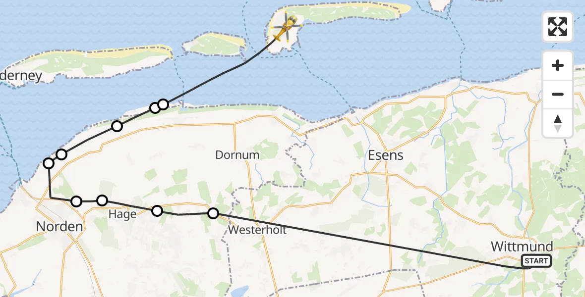 Flugroute Ambulanzhubschrauber Wittmund - Noordzee, 24 Mai 2026, 11:37