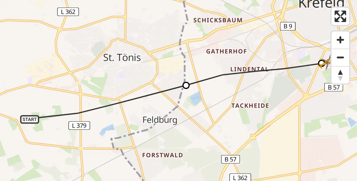 Flugroute Rettungshubschrauber Tönisvorst - Helios Clinic Krefeld, 24 Mai 2026, 11:45