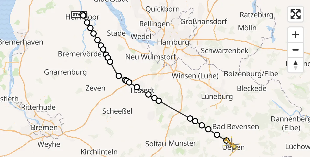 Flugroute Rettungshubschrauber Hemmoor - Uelzen, 24 Mai 2026, 11:45