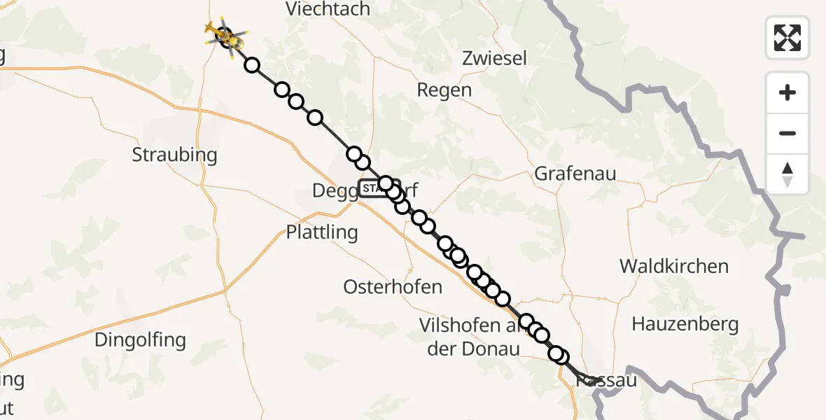Flugroute Rettungshubschrauber Deggendorf - Rattiszell, 24 Mai 2026, 11:45
