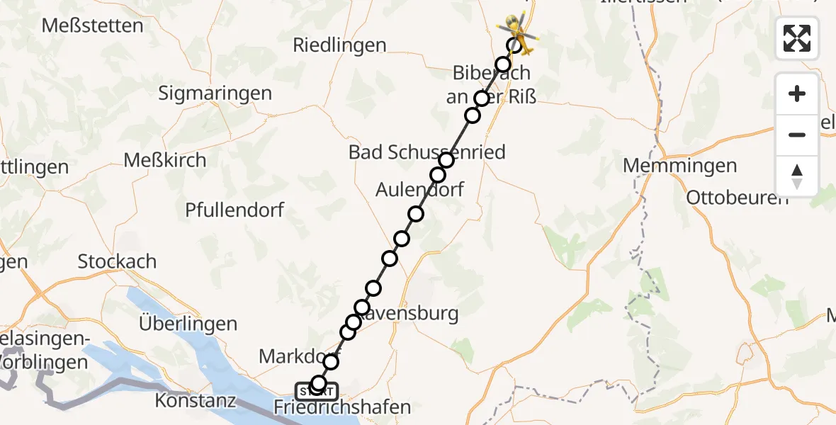 Flugroute Rettungshubschrauber Friedrichshafen Hospital - Maselheim, 24 Mai 2026, 11:47
