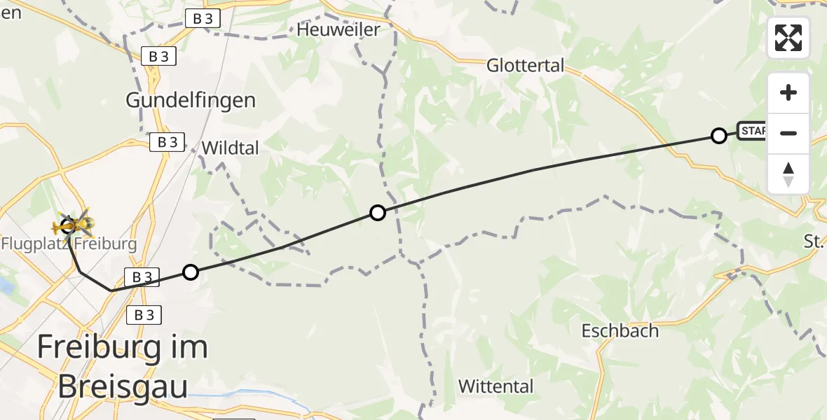 Flugroute Rettungshubschrauber St. Peter - Freiburg im Breisgau Flugplatz, 24 Mai 2026, 11:50