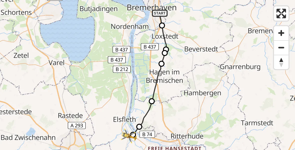 Flugroute Rettungshubschrauber Bremerhaven - Berne, 24 Mai 2026, 11:50