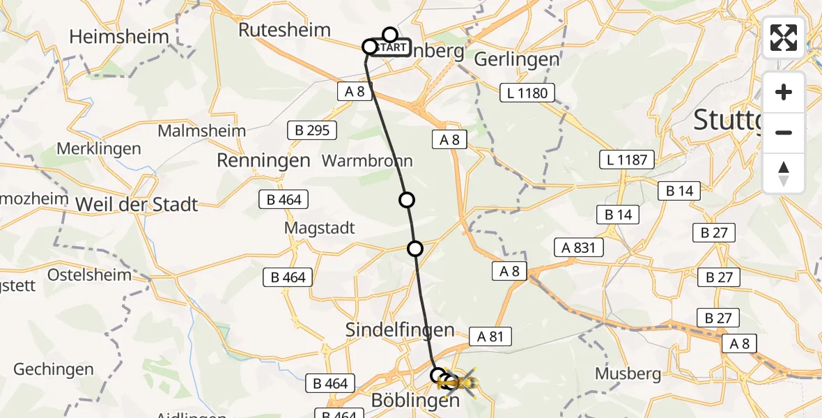 Flugroute Rettungshubschrauber Leonberg Hospital - Böblingen Hospital, 24 Mai 2026, 11:51