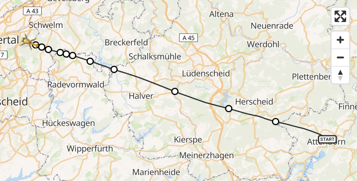 Flugroute Rettungshubschrauber Attendorn - Wuppertal, 24 Mai 2026, 11:55