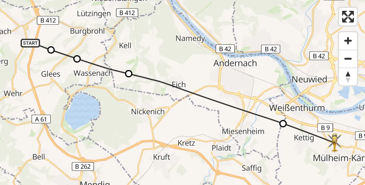 Flugroute Rettungshubschrauber Niederzissen - Mülheim-Kärlich, 24 Mai 2026, 11:56