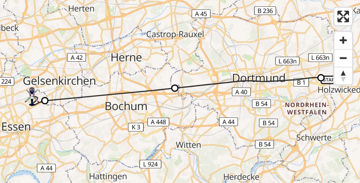 Flugroute Polizeihubschrauber Dortmund Flughafen - Essen, 24 Mai 2026, 12:01