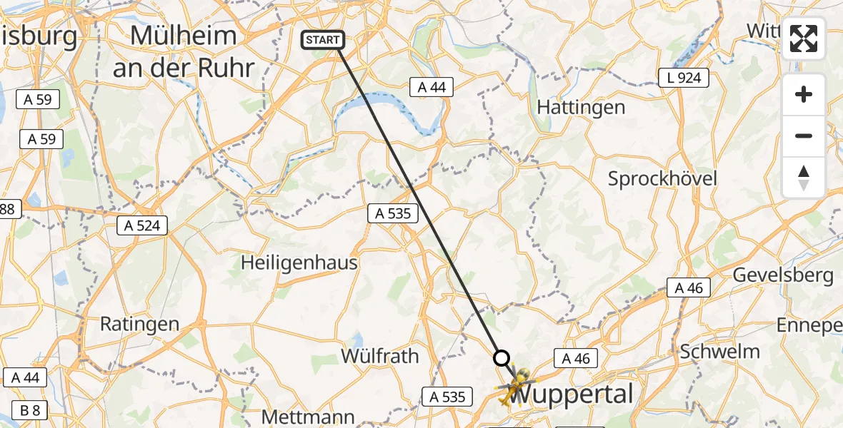 Flugroute Rettungshubschrauber Essen - Wuppertal, 24 Mai 2026, 12:04