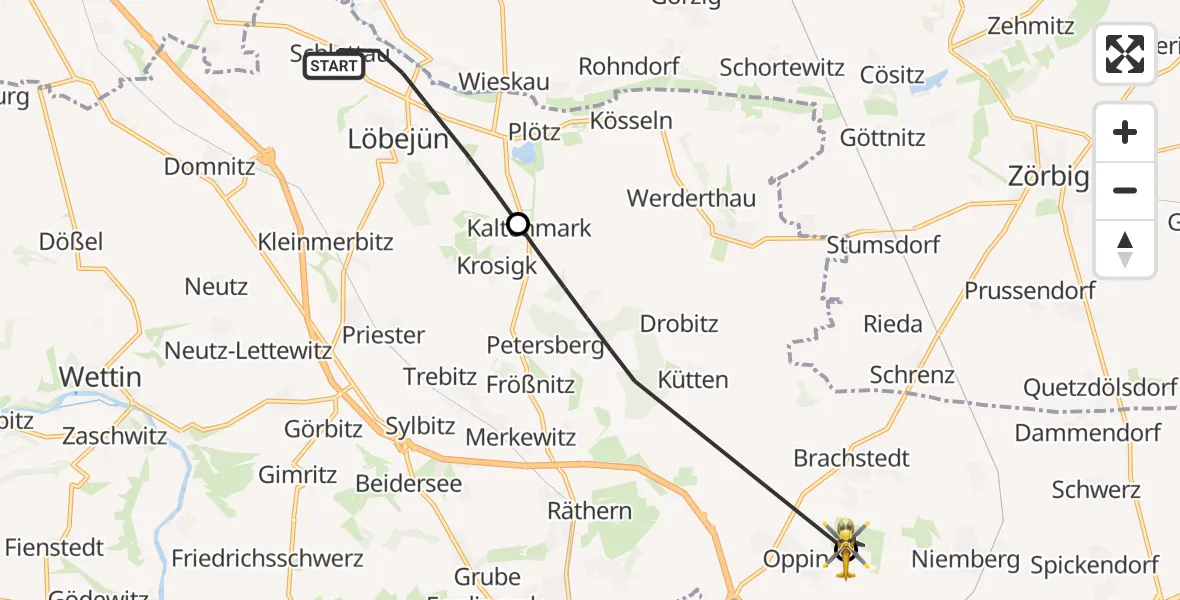 Flugroute Rettungshubschrauber Wettin-Löbejün - Halle-Oppin Flugplatz, 24 Mai 2026, 12:04