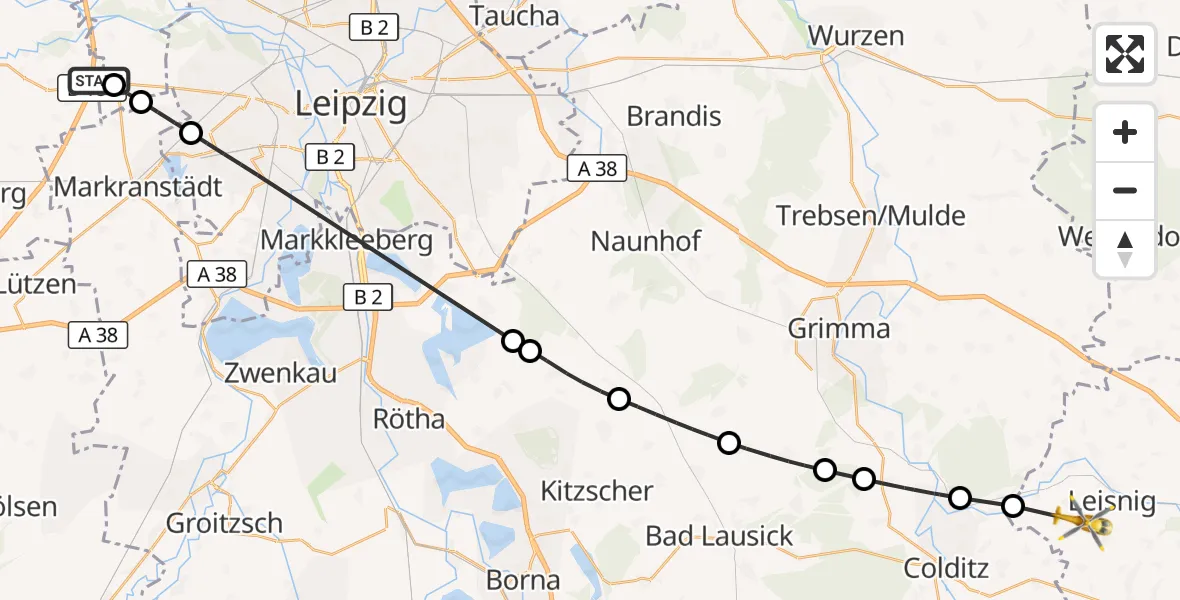 Flugroute Rettungshubschrauber ADAC Air Rescue Station Leipzig/Schkeuditz-Dölzig Hubschrauberlandeplatz (Christoph 61) - Leisnig, 24 Mai 2026, 12:04