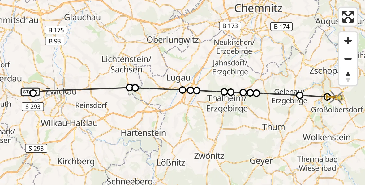 Flugroute Rettungshubschrauber ADAC Air Rescue Station Zwickau Hubschrauberlandeplatz - Großolbersdorf, 24 Mai 2026, 12:07
