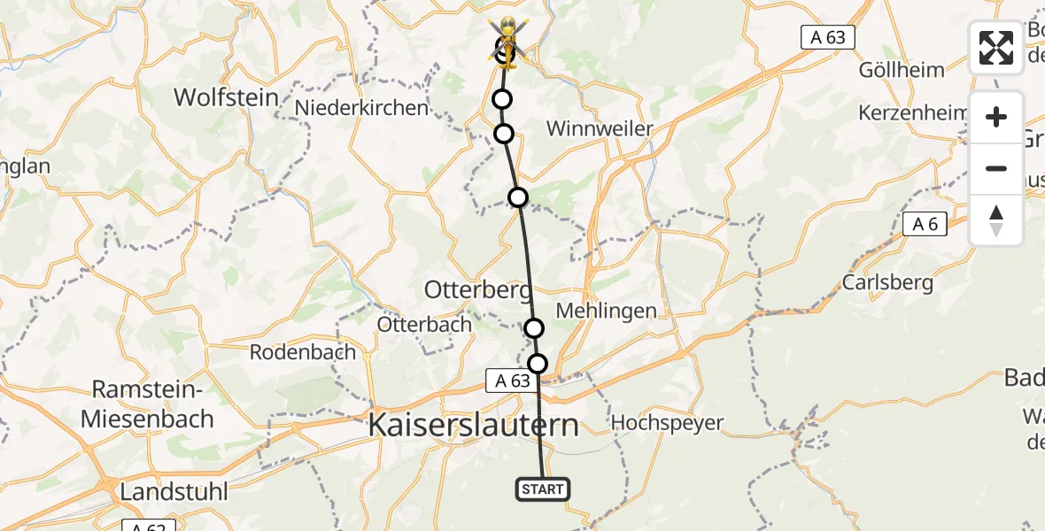 Flugroute Rettungshubschrauber Kaiserslautern - Imsweiler UL, 24 Mai 2026, 12:11