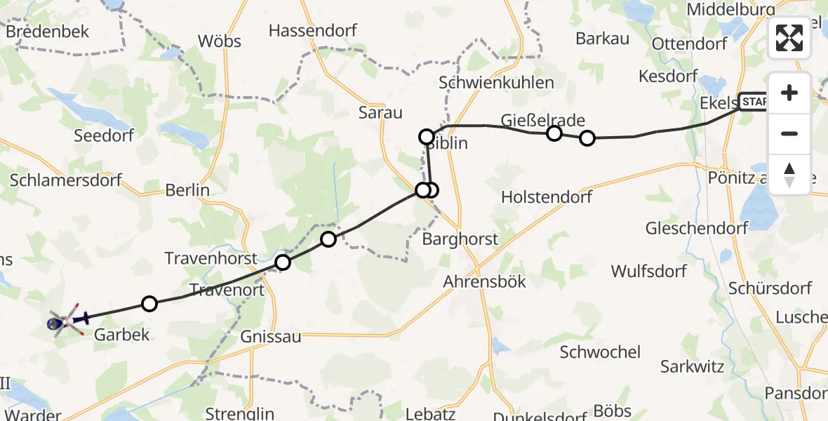 Flugroute Polizeihubschrauber Süsel - Wensin, 24 Mai 2026, 12:11
