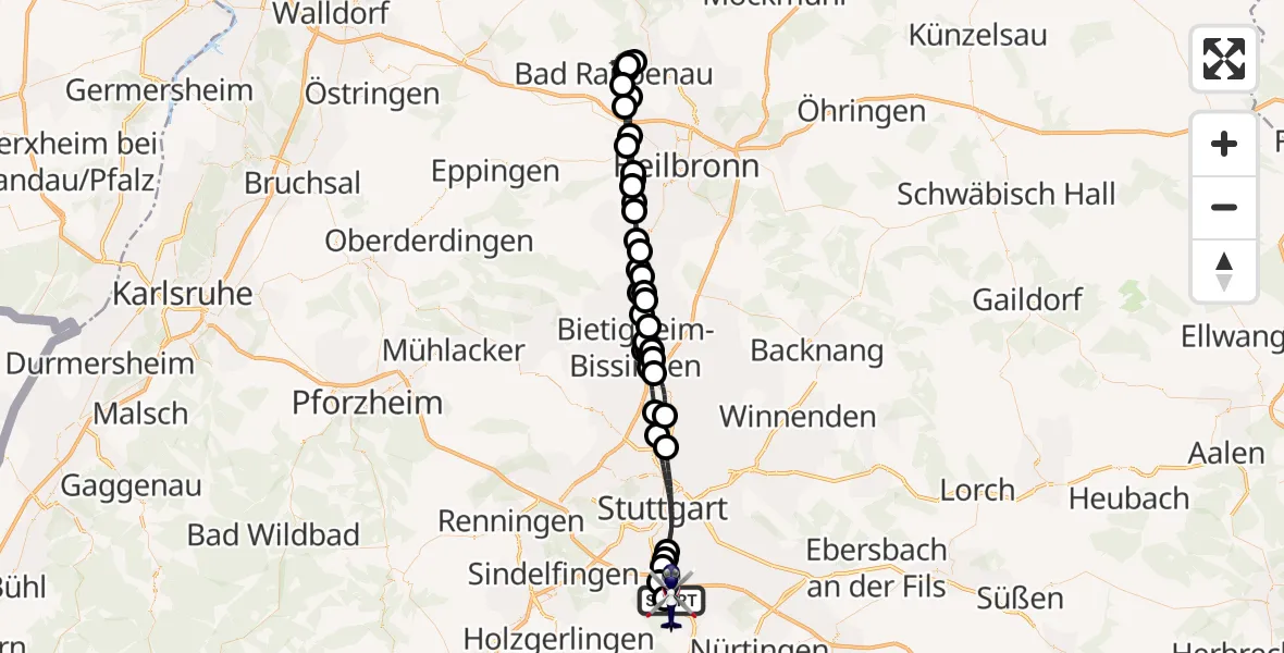 Flugroute Polizeihubschrauber Flughafen Stuttgart - Flughafen Stuttgart, 24 Mai 2026, 12:14