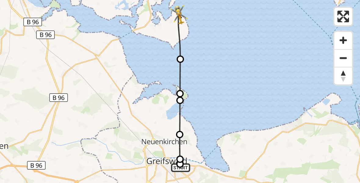 Flugroute Rettungshubschrauber Greifswald Hospital - Garz/Rügen, 24 Mai 2026, 12:16