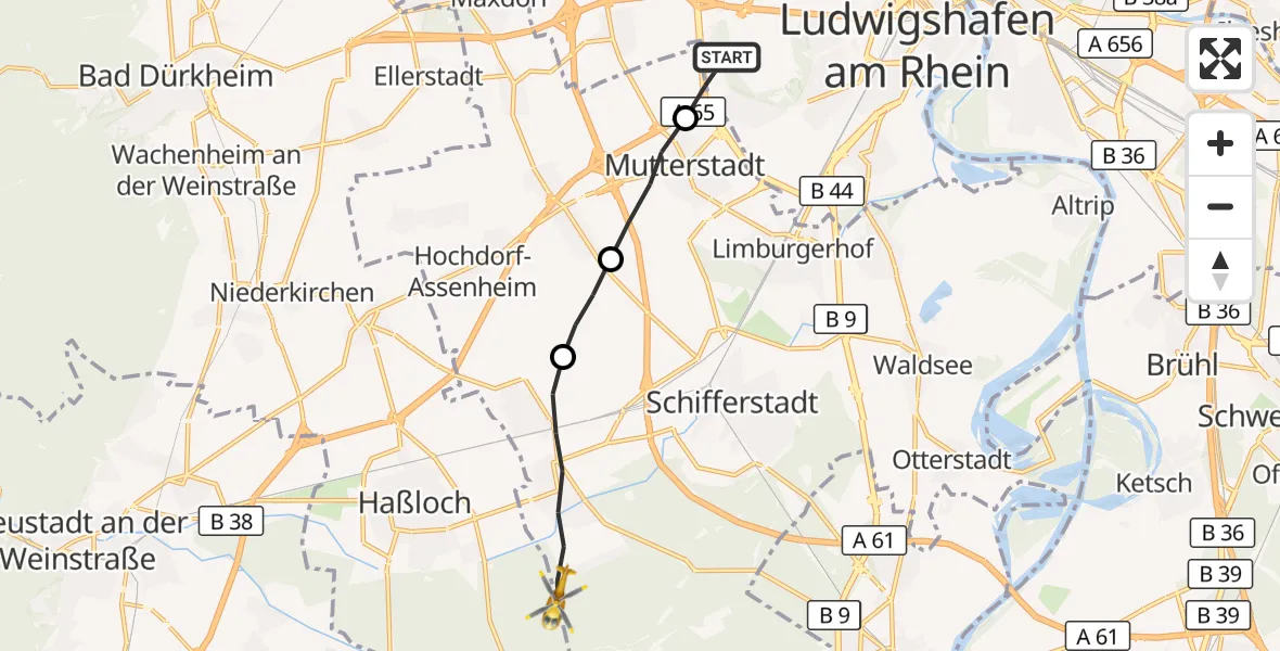 Flugroute Rettungshubschrauber Ludwigshafen am Rhein - Böhl-Iggelheim, 24 Mai 2026, 12:22