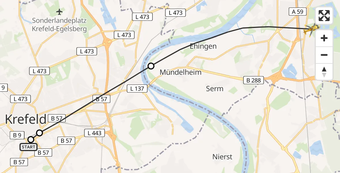 Flugroute Rettungshubschrauber Helios Clinic Krefeld - Duisburg Air Rescue Hubschrauberlandeplatz (Christoph 9), 24 Mai 2026, 12:22